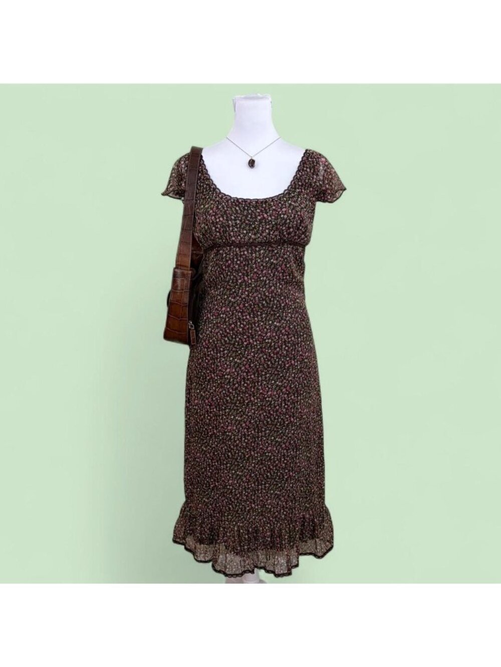 y2k brown ditsy floral moda international baby doll midi dress